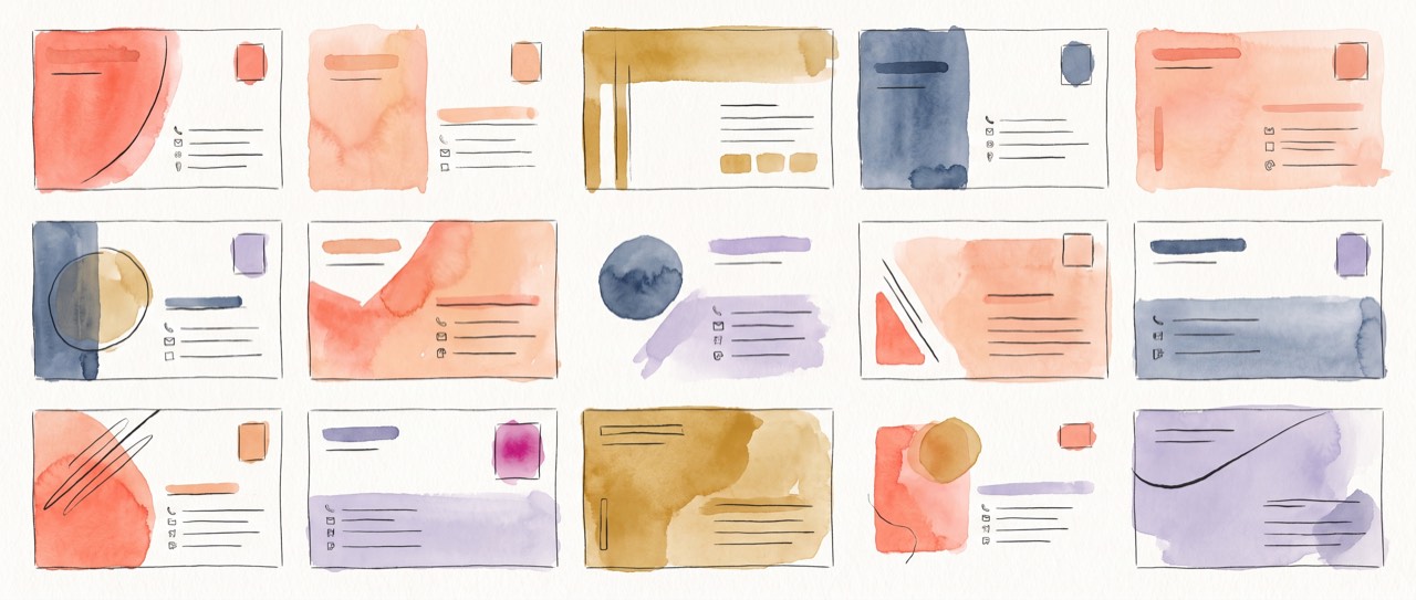 A grid of digital business card layout templates in different themes