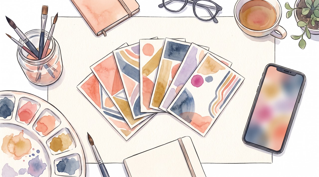 A palette of digital business card design templates and colour swatches