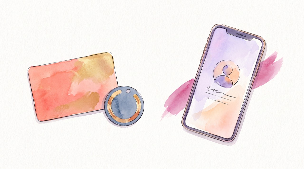 A paper business card, an NFC tag and a smartphone digital card side by side