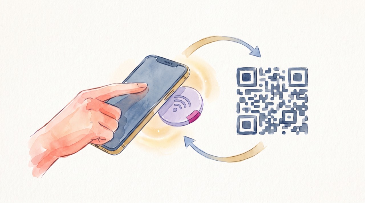 Tapping a phone on an NFC tag next to a QR code