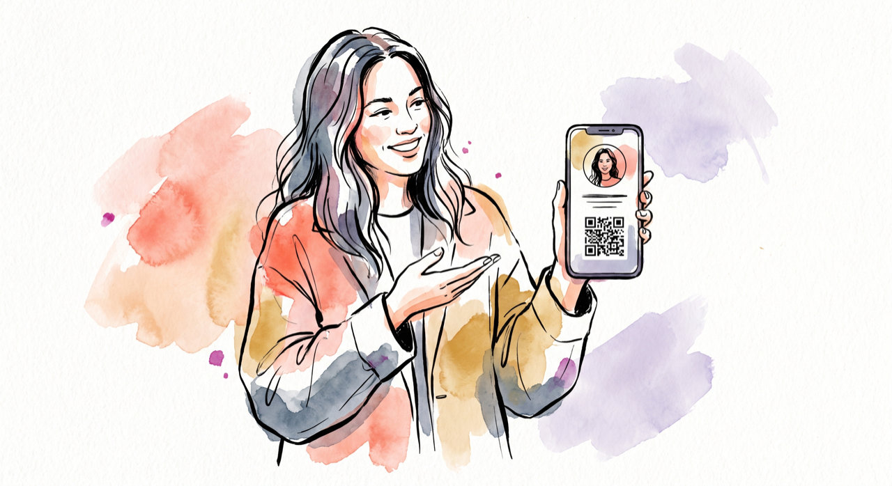 A digital business card with a QR code shown on a smartphone