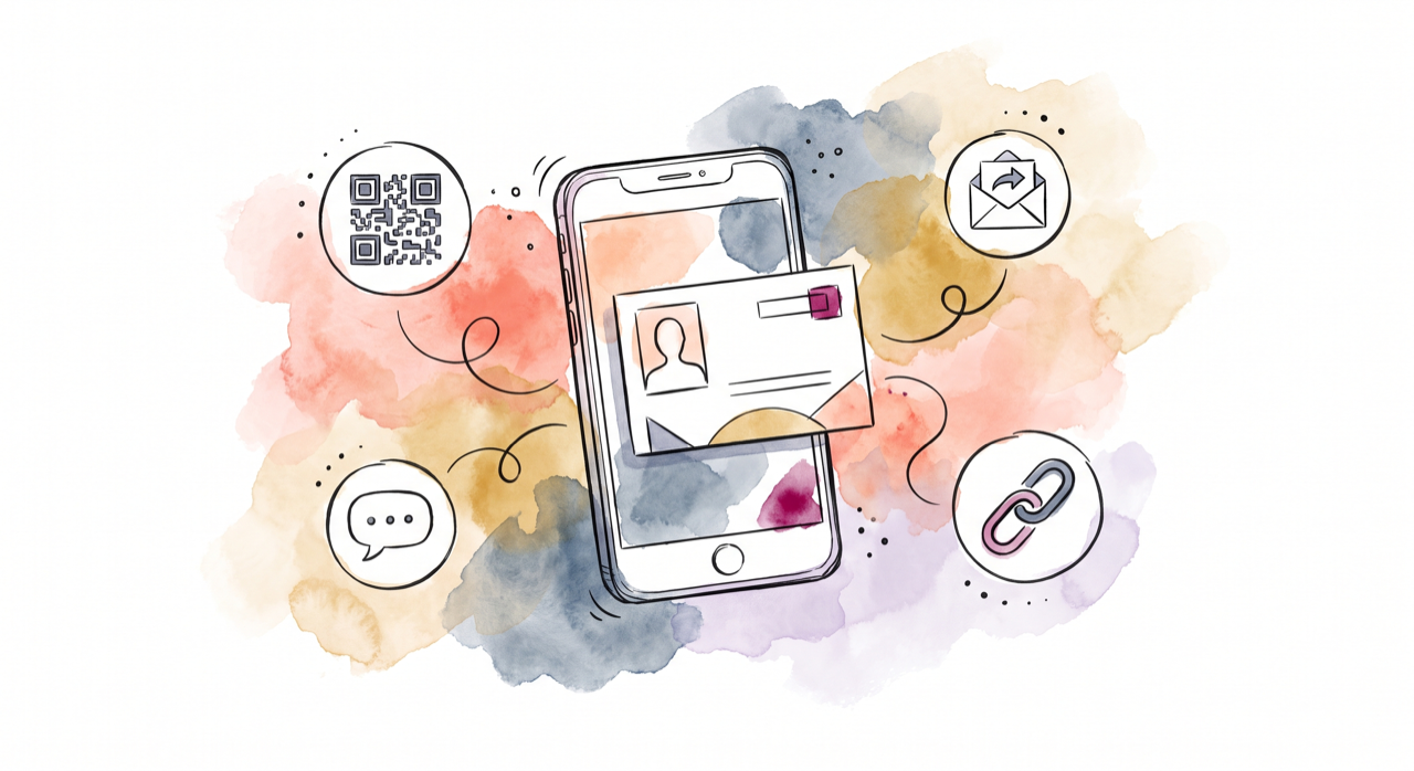 Sharing a digital business card by QR code, link, WhatsApp and email signature