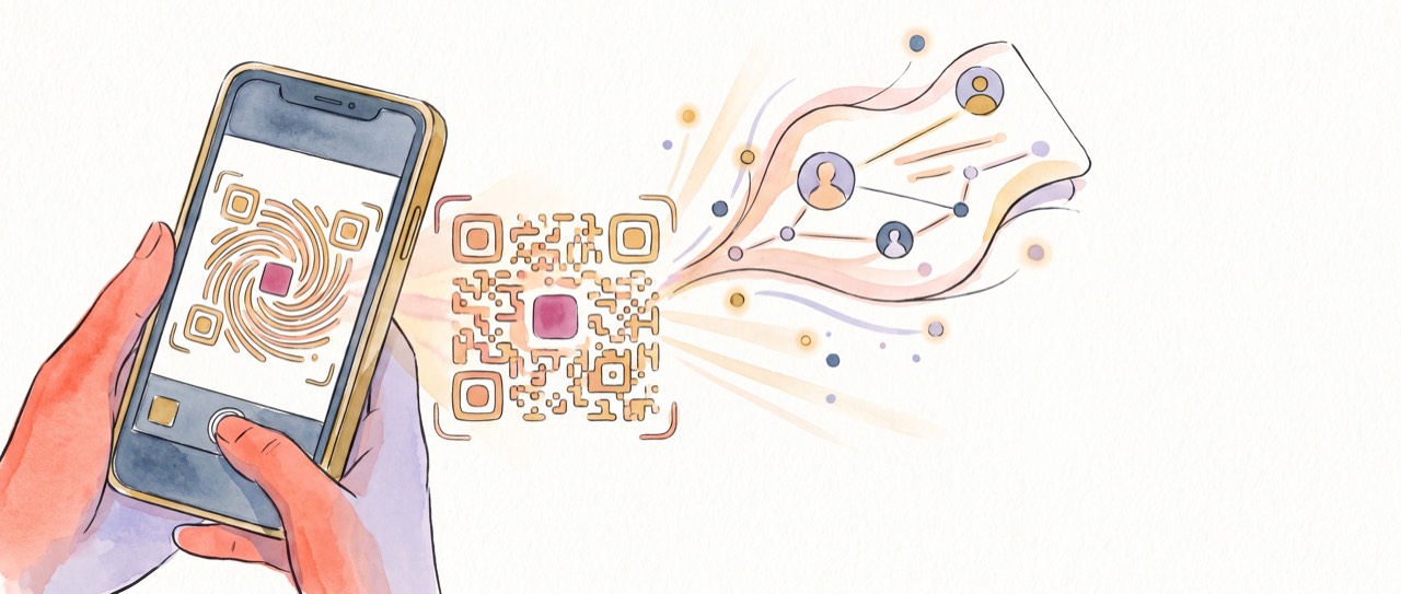 A phone scanning a QR code business card that opens a contact card