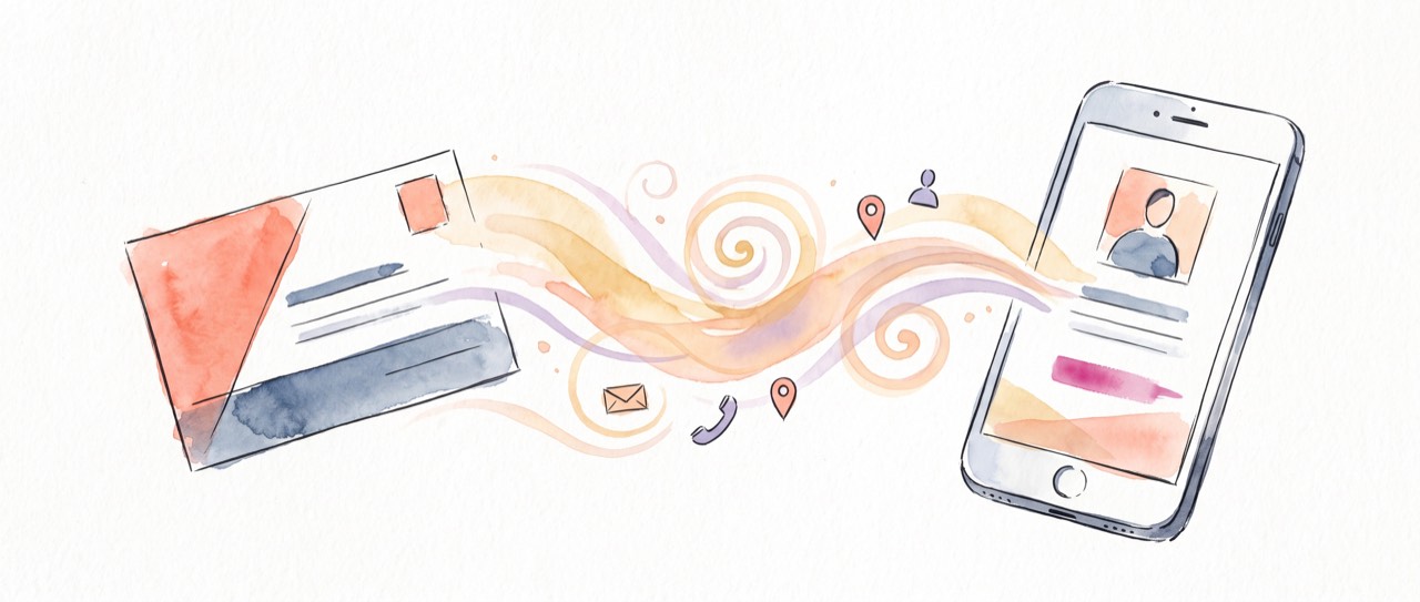 A paper visiting card turning into a digital visiting card on a phone